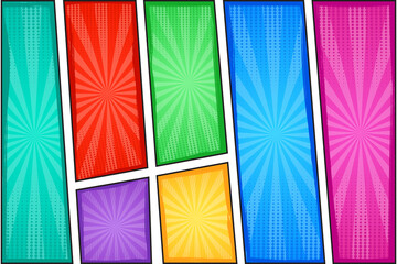 Poster - Comic book page template with colorful radial gradient backgrounds with halftone and light beam  effects in retro style. Vector illustration with diagonal shape. 