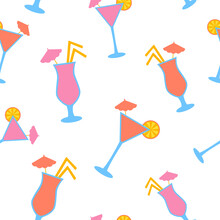 Seamless Summer Cocktail Pattern, Juicy Summer Texture, Cocktail Print. Seamless Pattern For Vacation, Relaxation - For Paper, For Fabric, For Textile, Summer Wallpaper, Simple Cocktails Background.