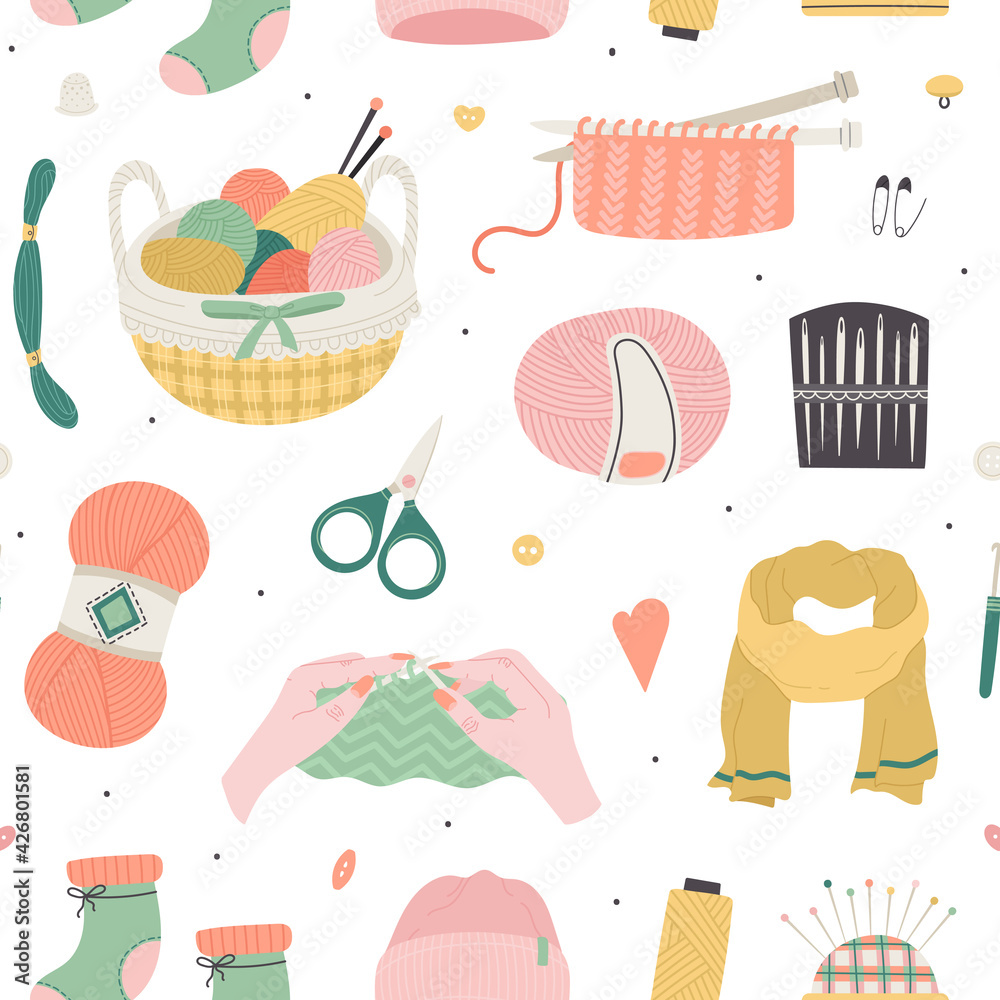 Vector Seamless Pattern with Knitting Tools and Clothes in Flat style ...