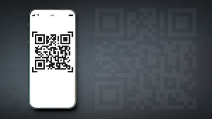 Pay qr code. Mobile smartphone screen for payment, online pay, scan barcode with qr code scanner on digital smart phone on dark background. Business and technology concept.