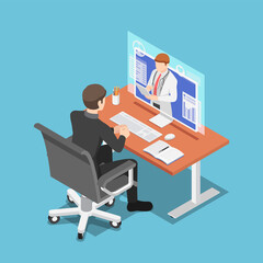 Aufkleber - isometric businessman video conference with doctor on pc monitor