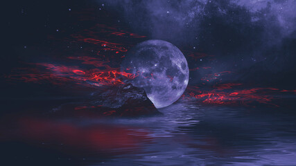 Wall Mural - futuristic fantasy night landscape with abstract landscape and island, moonlight, radiance, moon, ne