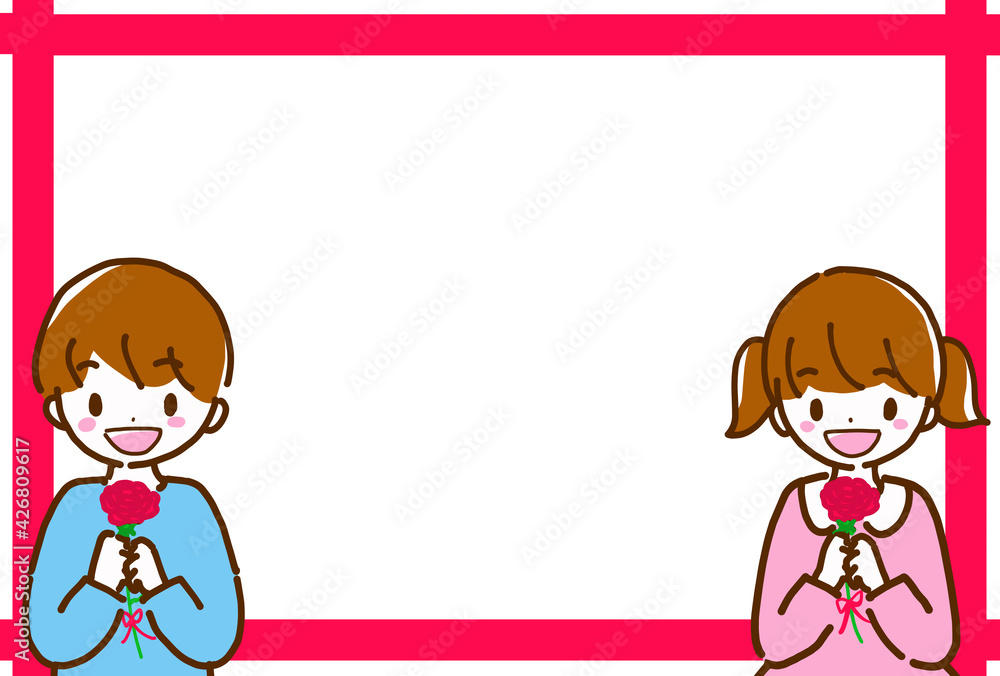 カーネーションを持つ男の子と女の子がいる横向きフレーム線画イラスト Wall Mural Hi Na