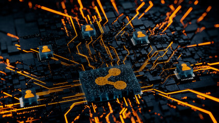Network Technology Concept with share symbol on a Microchip. Orange Neon Data flows between Users and the CPU across a Futuristic Motherboard. 3D render.
