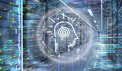 Poster - Artificial intelligence icon in a Server room data center - 3d rendering