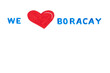 Photo of blue colored text 'We Love Boracay' with a red painted heart as love symbol. The slogan is placed on a plain white colored background