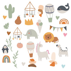 set of bohemian graphic elements for baby shower