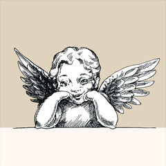 Wall Mural - Little cute engraving curly angel.