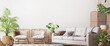 farmhouse interior living room, empty wall mockup in white room with wooden furniture and lots of  green plants, 3d render