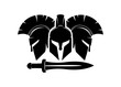 Three spartan helmet and sword icon on white background.