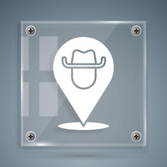 Poster - White Location cowboy icon isolated on grey background. Square glass panels. Vector