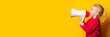 © Alex - child shouts into a white megaphone on a bright yellow background. Banner