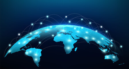 Poster - Planet map with global social network connections. Satellite Internet, modern Internet data transmission technologies.