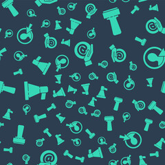 Poster - Set Mail and e-mail in hand, Stamp, Megaphone and Create account screen on seamless pattern. Vector