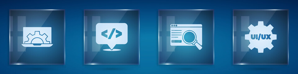 Set Web development, Front end, UI or UX design and . Square glass panels. Vector