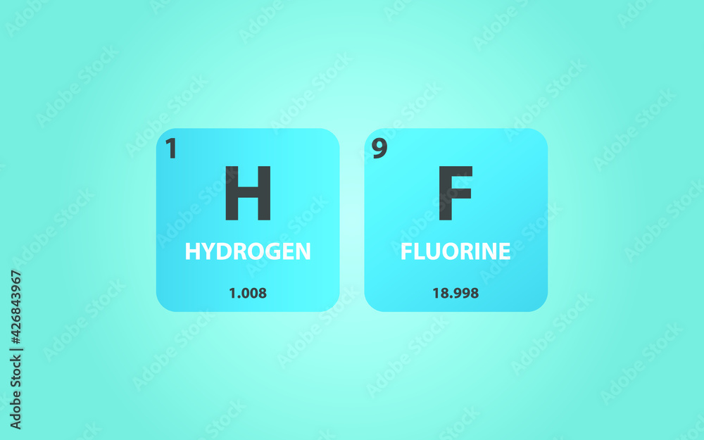 Hydrogen Fluoride HF molecule. Simple molecular formula consisting of Hydrogen, Fluorine, elements. Chemical compound simplified structure on blue background, for chemistry education