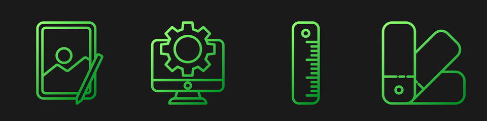 Poster - Set line Ruler, Graphic tablet, Computer monitor and gear and Color palette guide. Gradient color icons. Vector