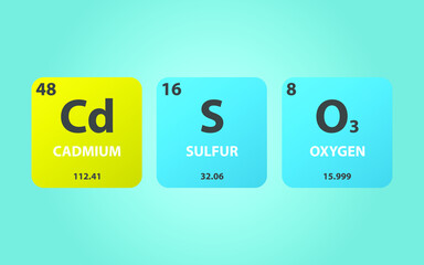 Cadmium Sulphite CdSO3 molecule. Simple molecular formula consisting of Cadmium, Sulfur, Oxygen elements. Chemical compound simplified structure on blue background, for chemistry education