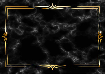 Poster - golden glitter frame on black marble background. border and design with gold sparkles. modern glamor
