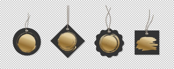 Poster - Black price or label tags with gold brush mockup template set. Cards with strings for sales of different shapes: round, rectangle, square. Stickers on transparent background vector illustration
