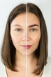 Foto porównanie przed i po makijażu permanentnym brwi i ust. Trwały makijaż. Twarz kobiety makijaż permanentny, uroda. 