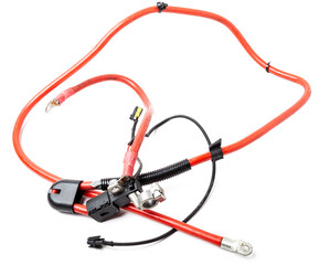 Canvas Print - Automotive wiring harness with positive battery terminal and squib for disconnection in case of an accident. Vehicle security systems.