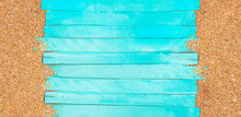 Marine Banner. Turquoise Horizontal Wooden Jetty Planks With Beach Pebble Sand. Travel And Tourism. Copy Space