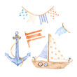 Watercolor cute elements on the theme of a sea ship with sails, anchors with a scourge garland with flags and flags in beige and blue tones for design, decor, stickers, decor and scrapbooking