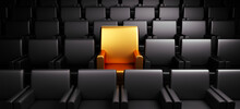 Empty Rows Of Black Theater Or Movie Seats With One Special Golden Seat - 3D Illustration