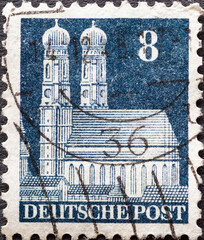 Wall Mural - GERMANY - CIRCA 1948: a postage stamp from Germany, showing the historic building of the Church of Our Lady in Munich