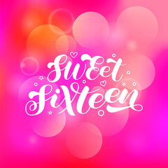 Sticker - Sweet Sixteen brush lettering. 16x birthday girl. Phrase for shirt. Vector stock illustration for cloth