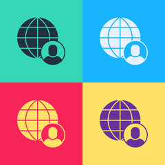 Poster - Pop art Freelancer icon isolated on color background. Freelancer man working on laptop at his house. Online working, distant job concept. Vector