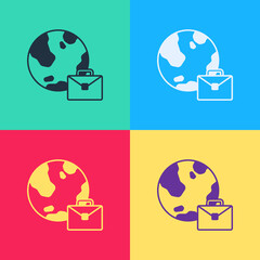 Poster - Pop art Online working icon isolated on color background. Freelancer man working on laptop at his house. Remote work. Distant job concept. Vector