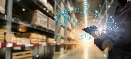 Poster - Businesswoman hands using digital tablet showing global logistics network distribution and transportation Ui, Smart logistics, Innovation future of transport.