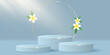 Stylish minimal scene and gold circle with plumeria flowers to display your cosmetic product. 3D vector stage or podium. Light beam effect. Seasonal exotic mock up.