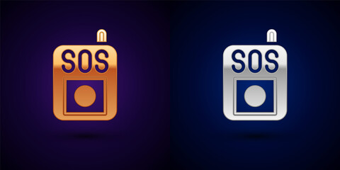 Sticker - Gold and silver Press the SOS button icon isolated on black background. Vector