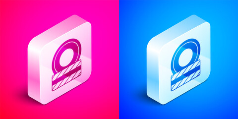 Canvas Print - Isometric Car tire wheel icon isolated on pink and blue background. Silver square button. Vector