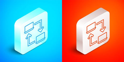 Aufkleber - Isometric line Online working icon isolated on blue and red background. Freelancer man working on laptop at his house. Remote work. Distant job concept. Silver square button. Vector