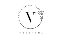 Creative Initial Letter V Logo With Lettering Circle Hand Drawn Flower Element And Leaf.
