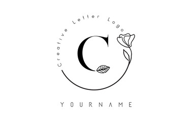 Creative initial letter C logo with lettering circle hand drawn flower element and leaf.