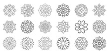 Big Set Of Ornamental Round Dotted Flowers Isolated On White Background. Black Halftone Mandalas. Geometric Circle Elements Collection.