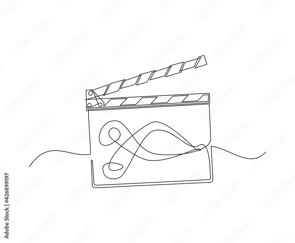 Continuous line drawing of movie clapper board and film reel. Cutting ...