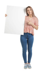 Wall Mural - Beautiful young woman with blank poster on white background