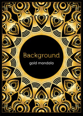 Gold mandala poster, cover, card, invitation with black background. Identity for yoga studio, meditation class, lounge cafe. Luxury gold vector elements. A4 format easy resizable beautiful template