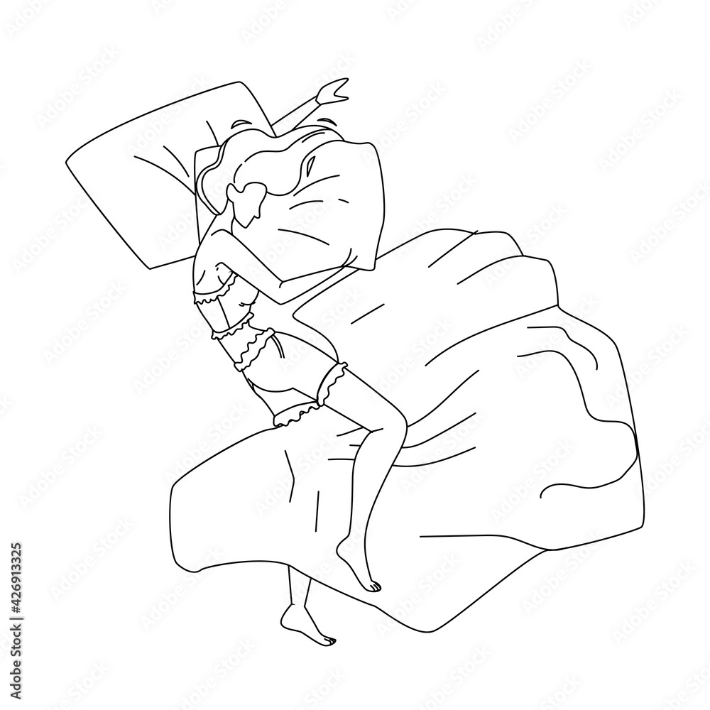Vector de Stock Woman Asleep At Night In Comfortable Bed Black Line Pencil  Drawing Vector. Young Girl Lying And Asleep On Cozy Orthopedic Mattress And  Pillow. Character Lady Resting And Sleeping Bedtime, image size:1000x1000
