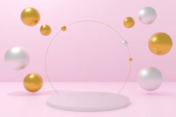 Poster - Abstract background 3d render podium stage. Minimal abstract modern design background 3d rendering. Floating gold and silver spheres.
