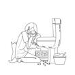 Woman Nutrition Disorder Bulimia Problem Black Line Pencil Drawing Vector. Young Sad And Depressed Bulimic Girl Feeling Sick Bulimia Guilty Sitting On Floor Leaning On Toilet Eating Burger. Character