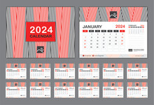 Calendar 2024 Template Vector, Set Desk Calendar 2024 Template, New Year Calendar In A Minimal Trendy Style, Wall Calendar Design, Planner, Week Start On Sunday, Set Of 12 Months, Red Cover Design.