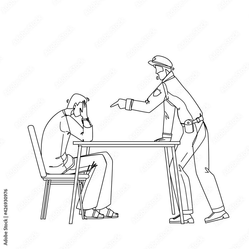 Policeman Interrogation Criminal Prisoner Black Line Pencil Drawing Vector. Detective Police Man And Bandit With Handcuffs In Interrogation Room Interviewing After Committed Crime. Characters