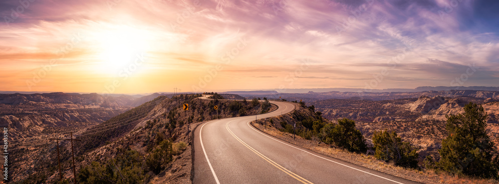 Panoramic View of a scenic route on top of a mountain ridge in the desert. Colorul Sunset Sky Art Render. Taken on Route 12, Utah, United States of America. - obrazy, fototapety, plakaty 